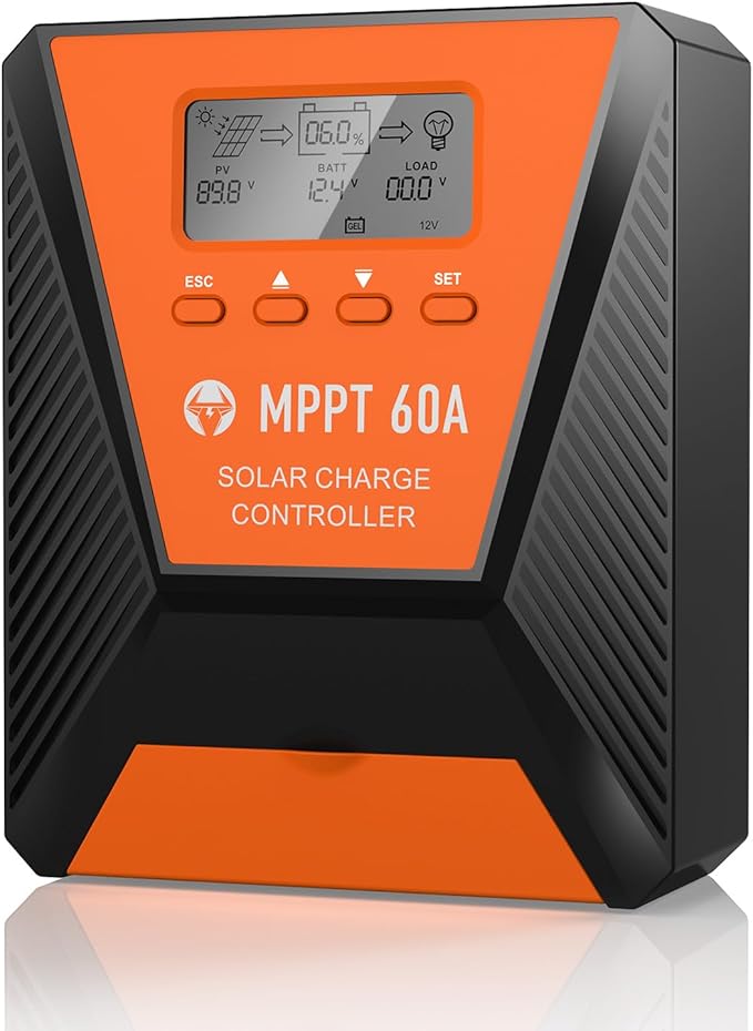 60A MPPT Solar Charge Controller 12V/ 24V Solar Panel Charge Controller Intelligent Regulator for FLD/LiFePO4/SLD/GEL/AGM with Dual USB Port Auto Parameter LCD Display and Timer Setting ON/Off Hours