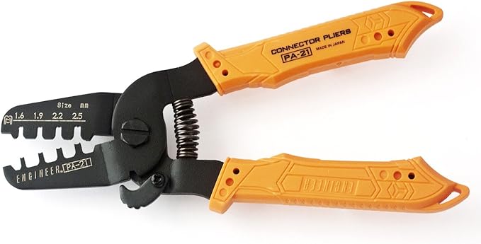 ENGINEER PA-21 Universal Connector Crimping Pliers 175mm. Made in Japan. Precision Crimping Tool for Open Barrel Connectors, Long Barrel Wing Type (AWG #26 - #18 wires)