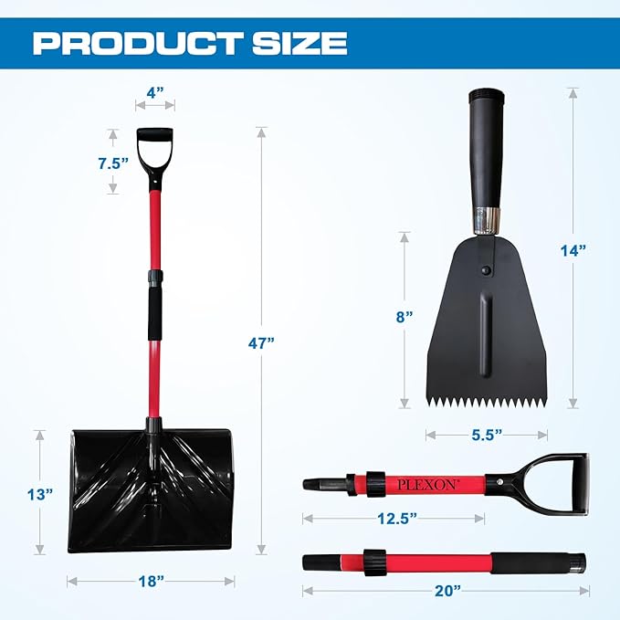 PLEXON Snow Shovel for Driveway Car with Ice Chopper - Ergonomic Collapsible Lightweight Folding Fiberglass Snow Pusher for Snow Removal and Breaking Ice - 18" Width 47", Black, Red