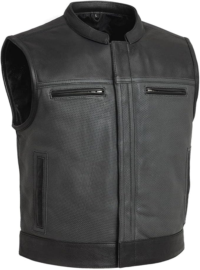 First Mfg Co Lowrider Mens Motorcycle Biker Riding Armor Club Style Black Leather, Twill, Moto Mesh, Perforated Vest