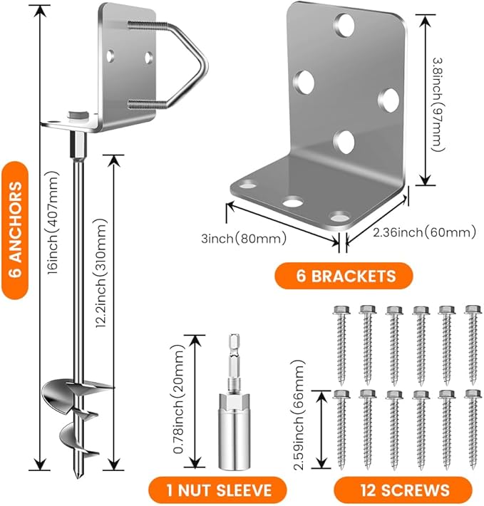 Ground Anchors Shed Anchors 14" Set of 6 Trampoline Stakes Screw in Heavy Duty Mobile Home - Storage Shed Anchor Kit - Playset Swing Anchors - Stakes for Fence,Carport,Garden (Silver, 6 x 14in)