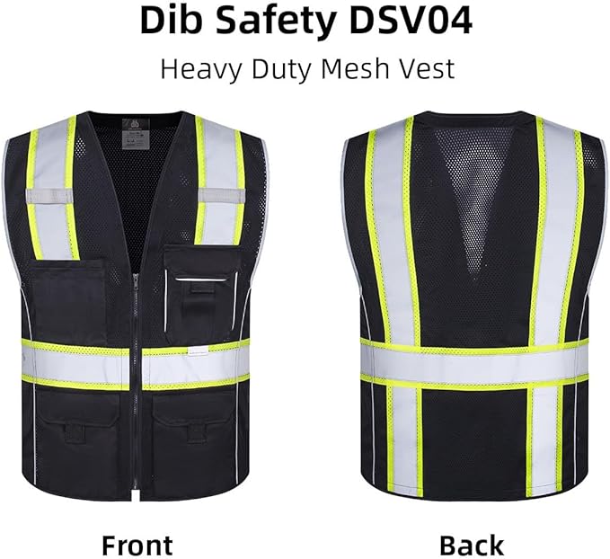 Dib Safety Reflective Vest Black Mesh, High Visibility Vest with Pockets and Zipper, Heavy Duty, Made with 3M Reflective Tape, XL