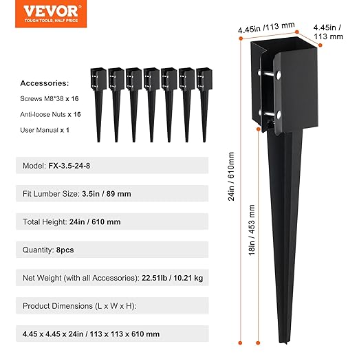 VEVOR Fence Post Anchor, 8 Pack 4 x 4 Inches Outer Diameter (Inner Diameter 3.5 x3.5 Inches) Ground Spike 24", Metal Black Powder Coated Post Stake Ground, for Mailbox Deck Garden Railing