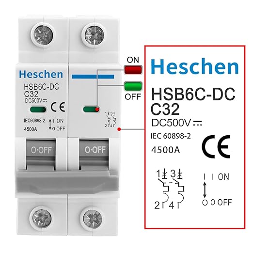Heschen DC Miniature Circuit Breaker, HSB6C-DC, 2 Poles, DC500V 6A, Non-Polarized, Type C, Photovoltaic Circuit Breaker, for Solar PV System Solar Panels Grid System, 35mm DIN Rail Mounting