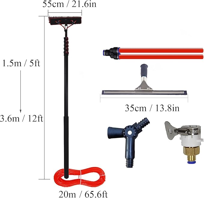Extendable Water Fed Solar Panel Cleaner, 10.8M Solar Panel Cleaning Equipment, 55Cm Water Fed Telescopic Brush for Cleaning Photovoltaic and Solar Panels Black,B,Brush 55cm,3.6m / 12ft