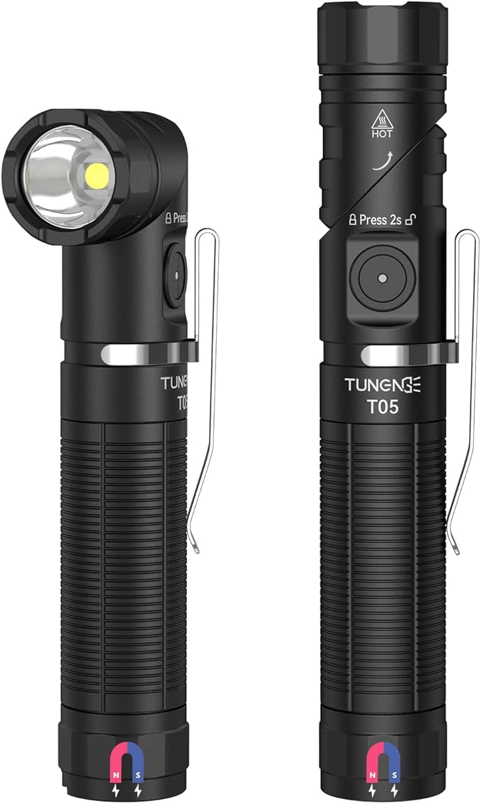T05 EDC Tactical Flashlight Rechargeable, 1500 High Lumen 90 Degree Work Light with Magnet, 6 Mode Super Bright Small LED Flashlight for Work Maintenance, Outdoor, and Emergency Situations