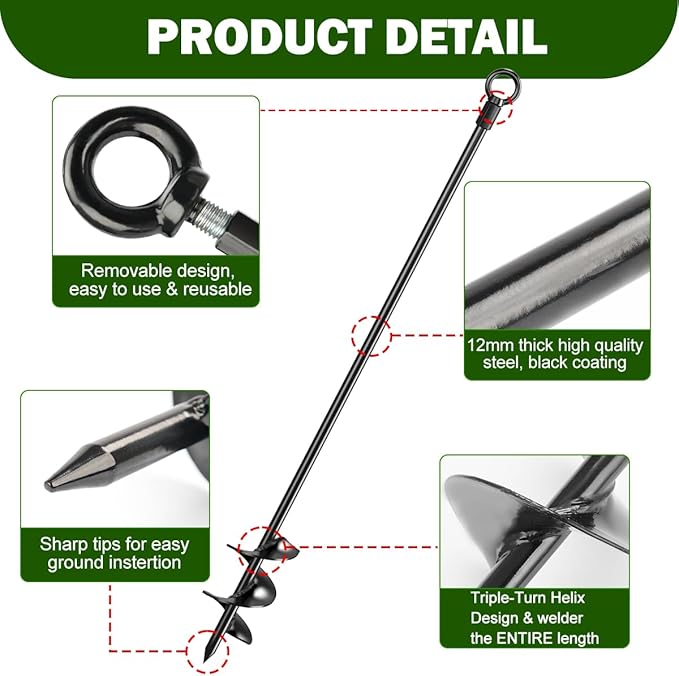 8 Pcs 30" Ground Anchors Shed Anchors Kit Heavy Duty 12mm Solid Steel, Triple-Turn Helix Earth Anchors for Sheds, Carport, Canopy, Gazebo, Trampoline, Mobile Home