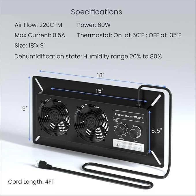 Sea Monkey Crawlspace Ventilation Fan, 220 CFM Air Out Crawlspace Fan Vent with Humidistat, Dehumidistat & Freeze Protection Thermostat, for Crawl Spaces Basement Garage Attic Hydroponics Grow Tents