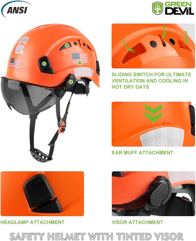 GREEN DEVIL Safety Helmet Hard Hat with Visor Chinstrap Adjustable Lightweight Vented ABS Work Helmet for Men and Women 6-Point Suspension ANSI Z89.1 Approved Ideal for Industrial & Construction