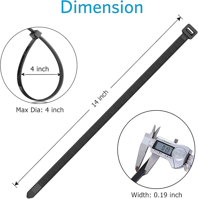 Zip Ties 14 inch (1000 Pack), Black, 50lb Tensile Strength, UV Resistant Cable Ties for indoor and outdoor by SKALON
