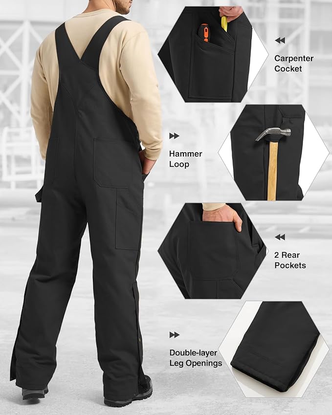 HISEA Insulated Bib Overalls for Men, Winter Water Resistant Duck Canvas Overall, Loose Fit Utility Workwear for Cold Weather
