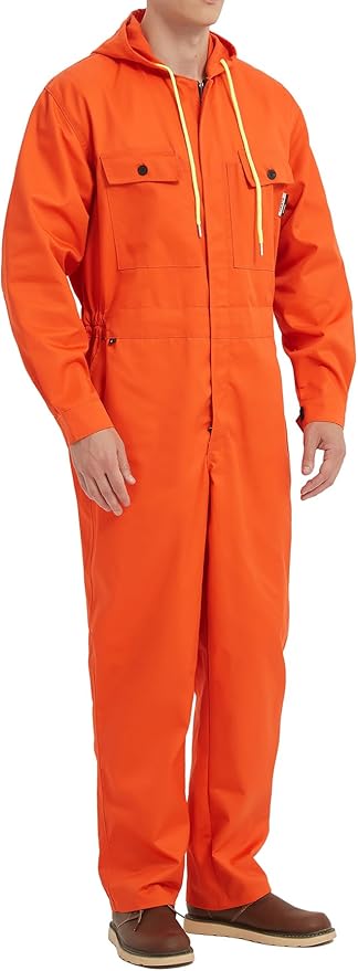 Mens Cotton Blend Long Sleeve Coverall Multi Pockets Zip Overall Mechanic Work Jumpsuit with Hood