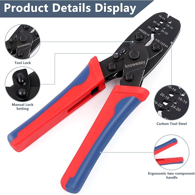 Knoweasy Molex Crimper and Delphi Crimper Compatible with Deutsch DT Series Stamped or Formed Contact,Molex, Delphi, Amp, Tyco, Harley, PC, Automotive - AWG 24-14 Wire Crimper 1424A