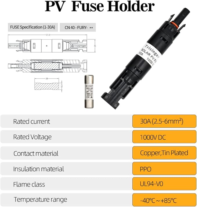 30A Solar Fuse Holder Inline, 1000V IP68 PV Inline Fuse Holders, Waterproof for Solar Panel and Solar Controller, with 10X38mm Fuse