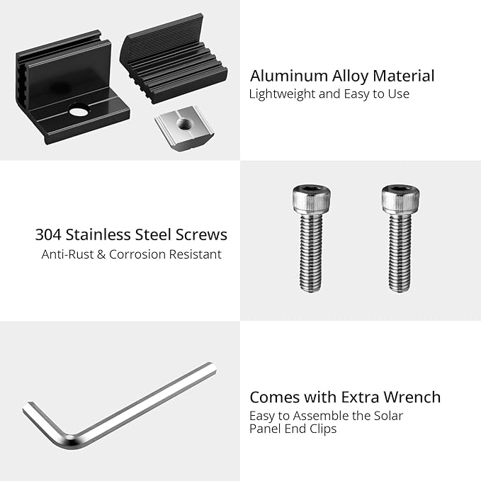 Anbte 10pcs Solar Panel Mounting Brackets 30-50mm Adjustable, Aluminum Solar Panel End Clamp Include 10*Screw M8 and 1*Wrench, Solar Mount Kit for Metal Roof, Tin Roof, Flat Roof, Sheet Roof, Black