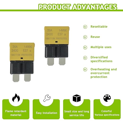 20A DC 12V-14V Auto Reset Circuit Breaker ATC/ATO Low Profile T1 Mini Blade Fuses Breakers for Car Trucks Marine Boat RV Solar and More,2 Pack