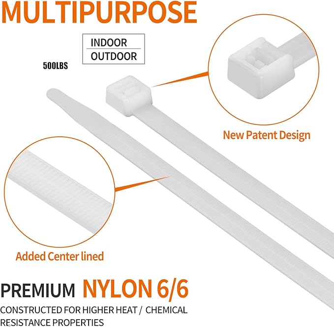 18 inch White Zip Ties Heavy Duty (100 Pack), 2025 New Patented Design, 300 LBS Tensile Strength, Self-Locking Nylon PA66 UV Resistant Cable Ties for Indoor and Outdoor Use