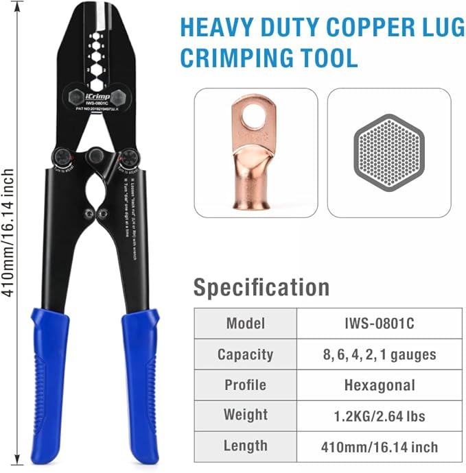 iCrimp Heavy Duty Copper Lug Crimping Tool, for AWG 8,6,4,2,1 Gauge Battery Cable Ring Terminal Ends with Built-in Cable Cutter