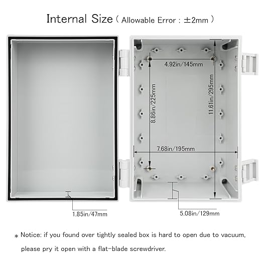 Junction Box IP65 Waterproof Electrical Box Outdoor ABS Plastic Project Box Hinged Shell Universal Enclosure Box with Mounting Plate, Wall Brackets, Cable Glands 11.8"x 7.9" x 7.1"