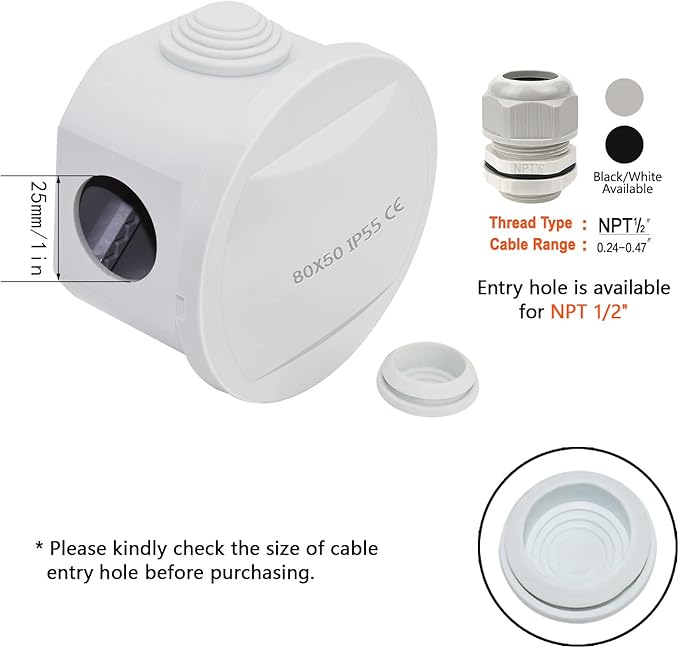 LeMotech Junction Box, ABS Plastic IP55 Water Resistant and Dustproof, Universal Electrical Enclosure, Outdoor and Indoor Project Box D3.1 x H2.4 inch (D80 x H60 mm)