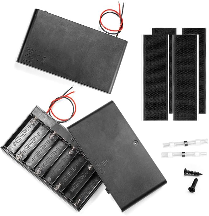 2PCS 12V (8 x 1.5V) 8AA Battery Holder Enclosures with Wire Leads and On/Off Switch Lid 12 Volt Battery Case with Hook Verclo and Solder Seal Wire Connectors