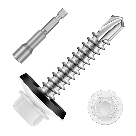 #14 x 1-1/2" Zinc Plated Steel Self Drilling Roofing Screws, Hex Head Self Tapping Screws with EPDM Washer, White Head, 50 PCS
