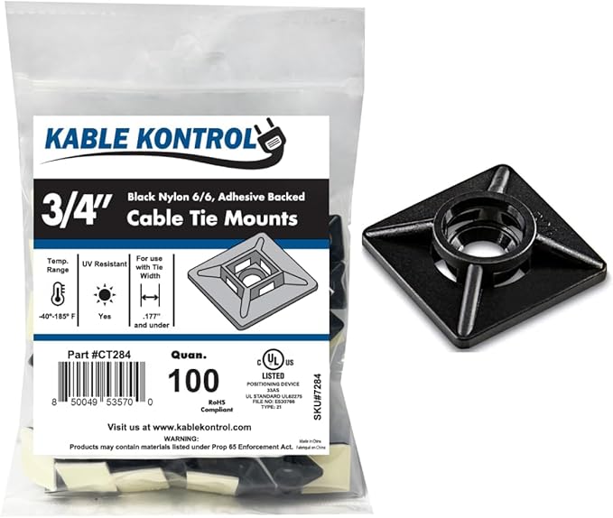 Kable Kontrol Zip Tie Mounts, 3/4” Sq, Black, 100 Pcs, Adhesive Backed Multi-Purpose UV-Resistant Mounting Squares Nylon Cable Tie Wrap Anchor Pads for Cable Management