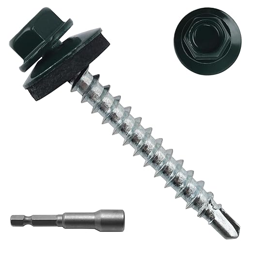 250pcs #10 x 1-1/2" Green Hex Head Self-Drilling Metal Roofing Screws, EPDM Washer, Colored Head, Sheet Metal Roof Screw with Hex Driver Bit