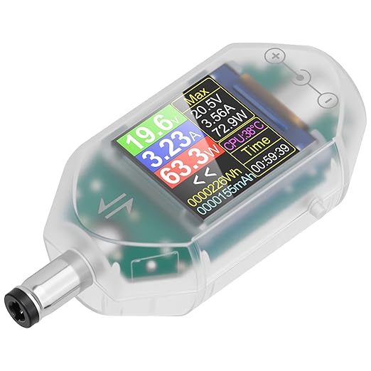 DC Voltage Tester Power Meter, 4.5-50V 0-12A Two-Way Measurement Voltage Current Capacity Amp Volt Voltmeter Ammeter Detector Digital Tester for DC 5.5 x 2.5/2.1 Port Device, Transparent