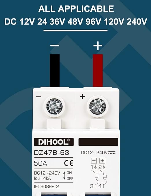 DIHOOL DC Circuit Breaker,50A 2 Pole,12V to 240 Volt Solar Disconnect Switch,DIN Rail Mount