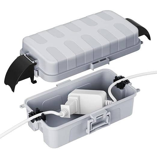 FLEMOON IP55 Outdoor Electrical Box Waterproof with Detachable Awning Covers, 8.3 x 4.1 x 3.7 inch Weatherproof Extension Cord Cover, Easy Installation for Plug, Outlet, String Lights, Light Gray