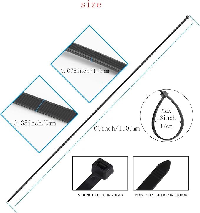 60 Inch Extra Long Zip Ties Heavy Duty For Outdoor Use,175 Pounds Tensile Strength,UV Resistant,8 Pieces,Black