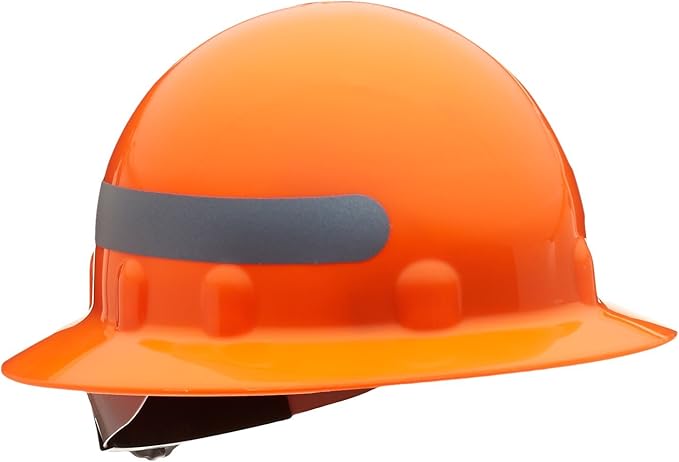 Fibre-Metal by Honeywell SuperEight Thermoplastic Full Brim Hard Hat with 8-Point Ratchet Suspension, Hi-Viz Strong Orange with Silver Reflective Tape -E1RW46A289