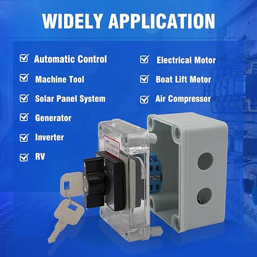 20A Rotary Changeover Switch with Key Lock, 660V 3 Position 2 Phase 8 Terminals, 2-Way 2NO 2NC, Universal Selector Switch with Waterproof Enclosure (3 Positions 2 Poles w/Key)