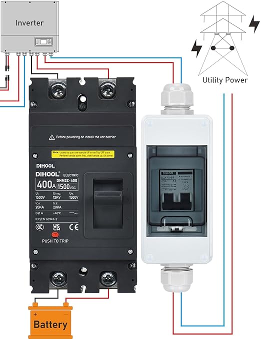 DIHOOL 400 Amp DC Circuit Breaker,2P 1500V 20kA,Heavy Duty Battery Disconnect Switch with Thermal Magnetic Trip for Solar System