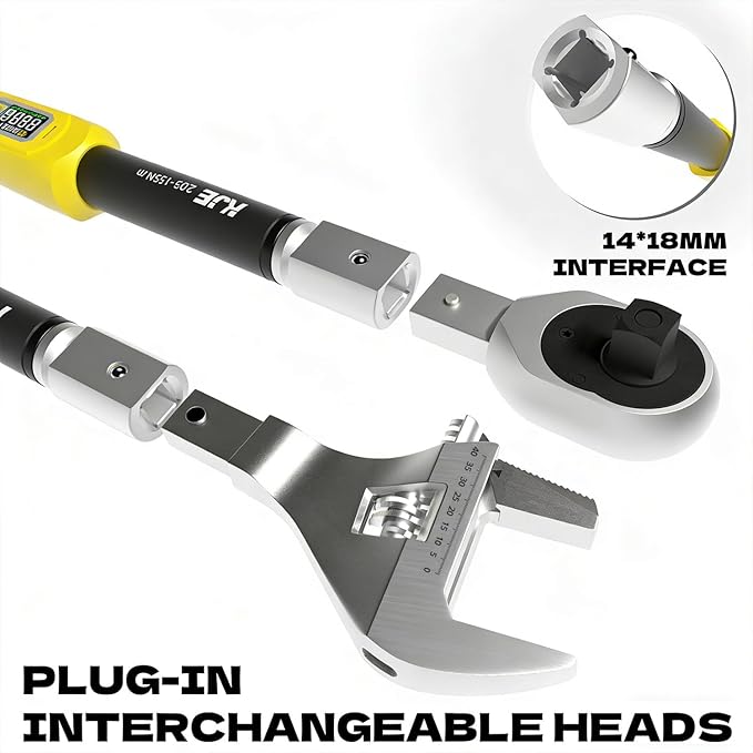 KJE 1/2" Adjustable Digital Torque Wrench, ±1% Accuracy, 1.5-99.6 Ft.lb/2-135 Nm, Replaceable head HVAC Torque Wrench set with 45mm Jaw, Vibration, Buzzer, and LED Indicator for Split AC, Moto, Car