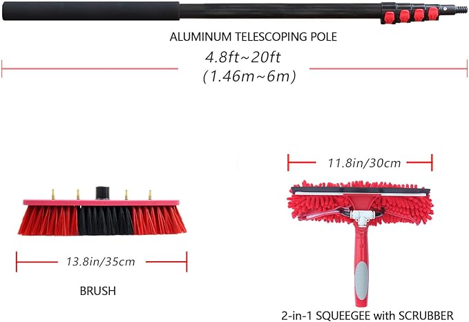 20ft Water Fed Pole Brush with Squeegee Kit Telescoping High Reach Window Cleaning Tool with Soap Dispenser Extension Solar Panel Cleaner for Household