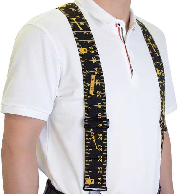 AISENIN Mens Tape Measure Suspenders, 2 Inch Wide Adjustable Work Suspenders for Tool Belts, Elastic Braces with Heavy Duty Strong Clips, Black