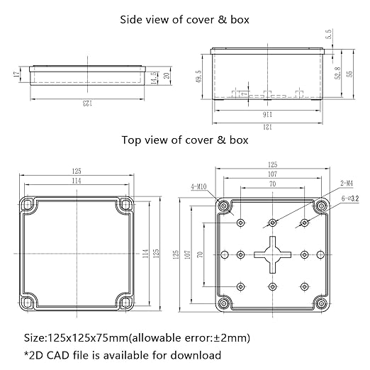 Junction Box, 4.9"x 4.9"x 3"(2 Pack) Outdoor Electrical Box with Mounting Plate, IP67 Dustproof Waterproof ABS Plastic Project Box, DIY Electrical Enclosure Gray (125x 125x 75 mm)