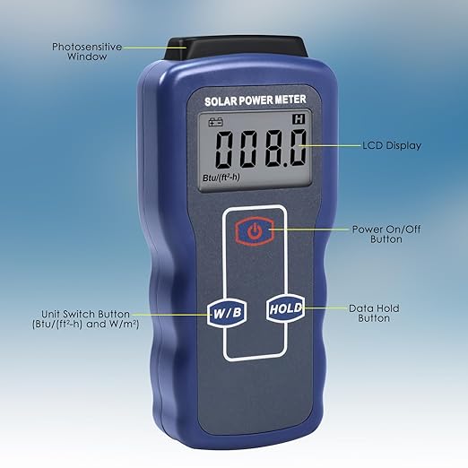Solar Power Meter Solar Meter Digital Sun Light Radiation Testing Solar Irradiance Meter Measuring Instrument for Meteorology Sun Measurement Solar Energy Research Physical Optical Experiments