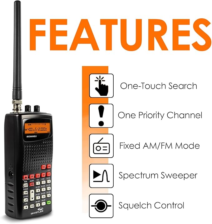 Whistler WS1010 Analog Handheld Scanner – 400 Channels, Skywarn, Same Weather Alerts, Spectrum Sweeper, PC Programmable, Service Banks for Police, Fire, Marine, Air & Ham – Black