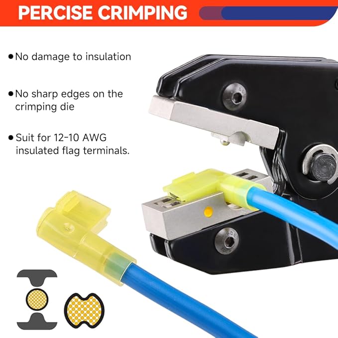 Crimping Tool For Insulated Flag Terminals - Ratcheting Wire Crimper - AWG 12-10 (4-6mm²) - Electrical Crimping Tool