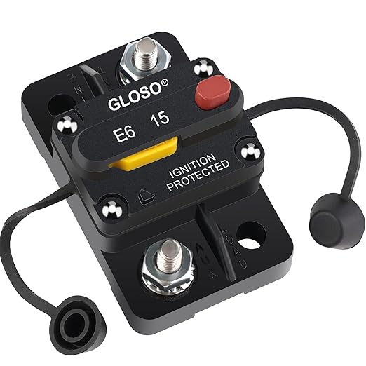 GLOSO Circuit Breaker 15 A E69 for Marine Truck Boat RV Automotive Mid Range Mini T3 Manual Reset Switchable Compact Medium IP66 (15 A)