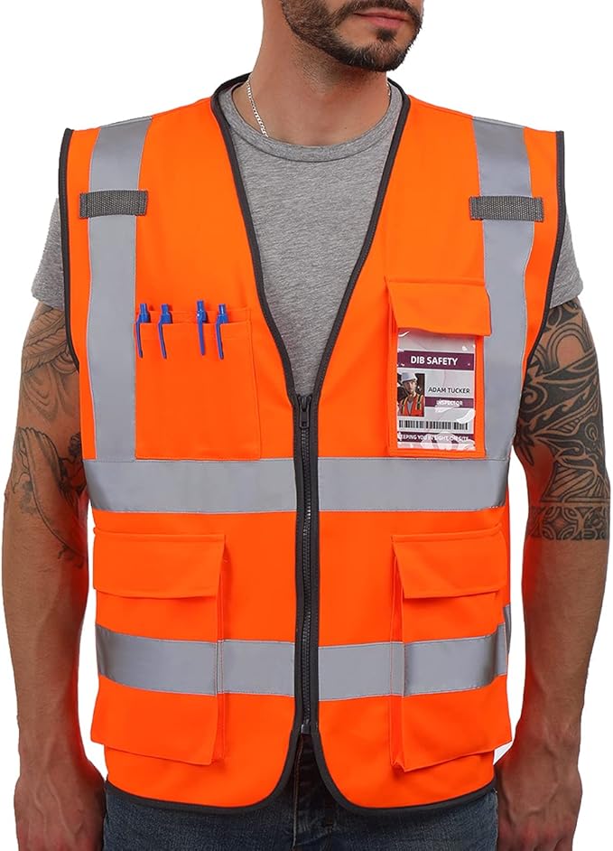 Dib Safety Reflective Vest ANSI Class 2, High Visibility Vest with Pockets and Zipper, Construction Work, Hi Vis