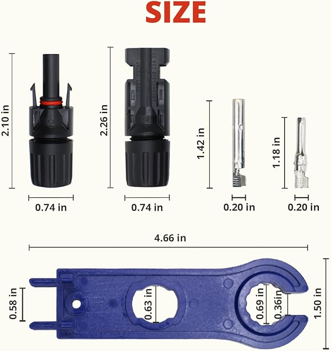 Solar Panel MC-4 Connectors, IP67 Waterproof for Solar Panel, Cable Assembly and Installation, 6 Pairs(12PCS) Solar Connectors Male/Female MC4 with 1 Pair of Spanners
