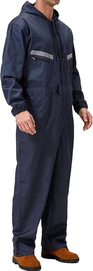 Mens Work Coveralls Mechanic Hooded Overall Workwear Jumpsuits Long Sleeve Hi Viz Coverall with Zippers