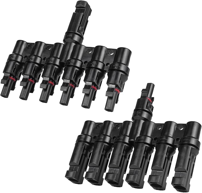 Solar Panel Connector 6 to 1 T Branch Parallel Adapter, 30A 1000V 10AWG Tool-Free IP68 Waterproof Cable for Solar Panels (T Branch, 6to1(1Pairs))