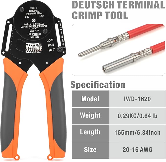 iCrimp IWD-1620 Deutsch Crimp Tool, Size 16 Deutsch Crimper, Solid Barrel Contact & Circular Connector Contacts Crimping Tool, 8 Indents Wire Crimper, AWG16 to AWG20
