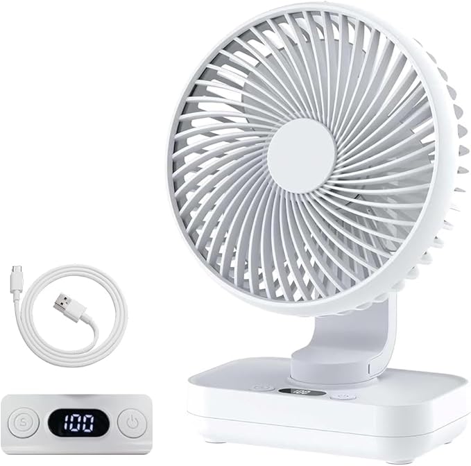 Oscillating Small Desk Fan, with USB Rechargeable Battery, Ultra Quiet, 4 Speeds, 13-Hour Runtime, Wall-Mount Option, Quiet Fan, Home, Bedroom and Office, White