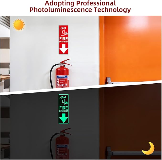 Fire Extinguisher Sign Sticker, Glow in the Dark Fire Extinguisher Signs with Arrow, 4×12 Inch 3 Pack Luminous Vinyl Safety Labels Soslina, Waterproof Indoor Outdoor for Home Office Warehouse
